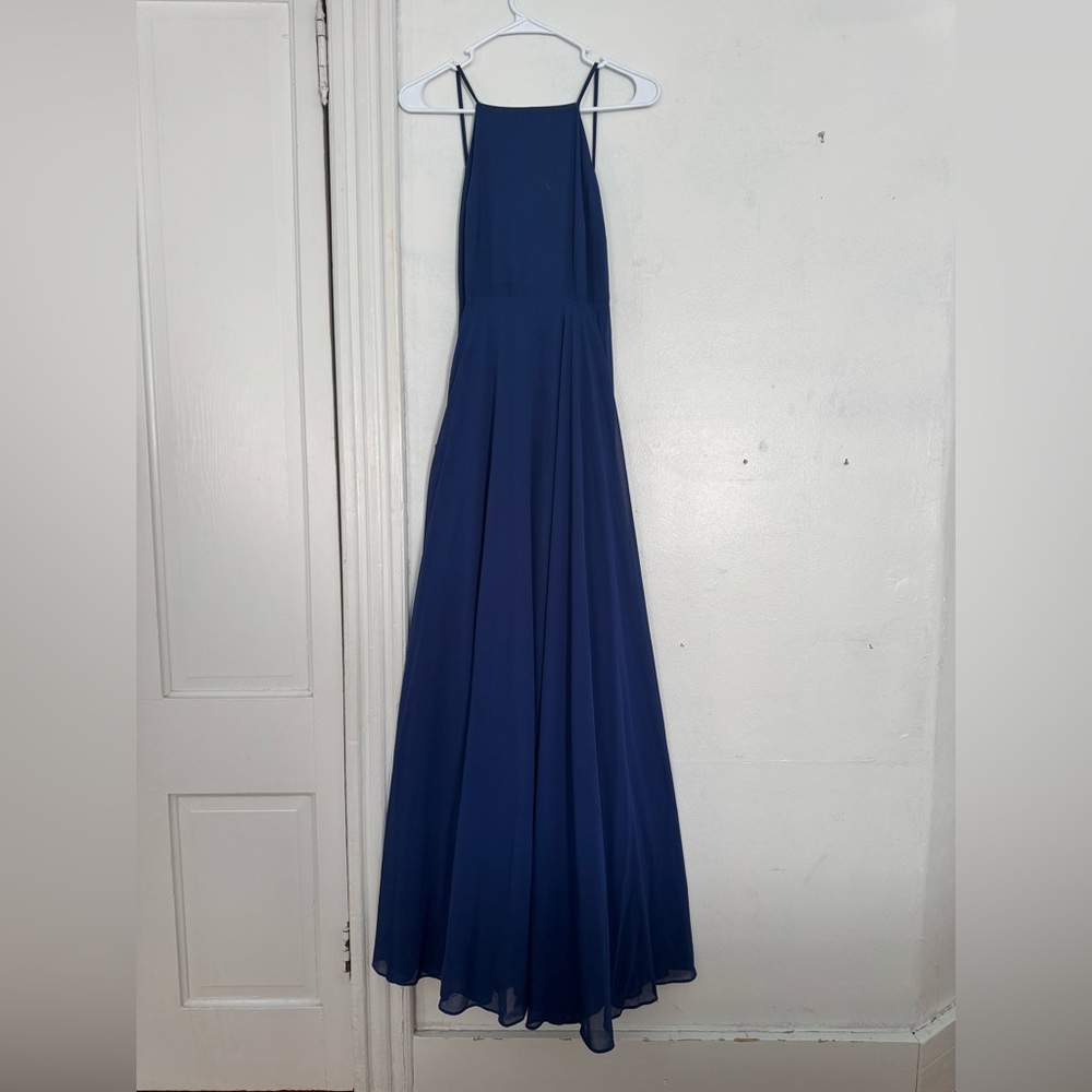 Halter top navy long formal dress with open back
